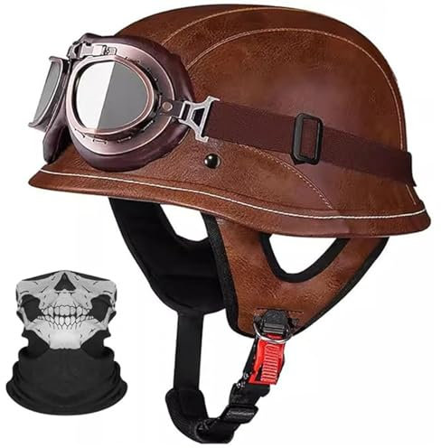 QJWMatic Demi-Casques de Moto allemands, Demi-Coque en Cuir, certifié ECE - Casque avec Masque et Lunettes pour Femmes et Hommes D,M57-58CM