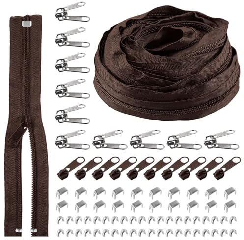 Rustark 1 Rolle 9,14 m / 10 Yard #5 Braun Reißverschluss Set Nylon Zippers Reissverschluss Teilbar mit Reißverschluss Schieber, Endkappen und Deckstopps Nylon Zipper für Nähen DIY Basteln Tasche