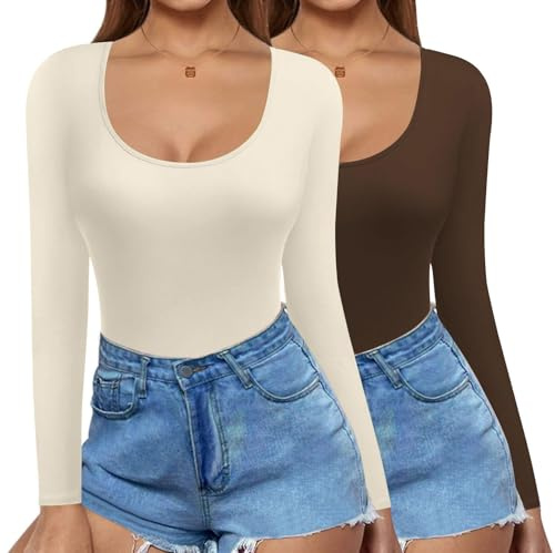 Ekouaer 2 Pack Long Sleeve Slim Fit T Shirt Thermal Tops Womens Scoop Neck Tops Shirts Basic Tight Tee, S-XXL