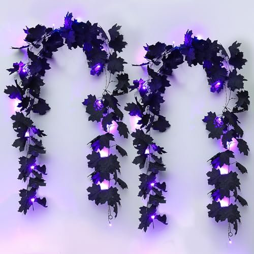 RECUTMS Maple Leaf Garland Hanging Black 5.7Ft with 30 Lights 2pc Light Fall Leaves Artificial for Outdoor Indoor