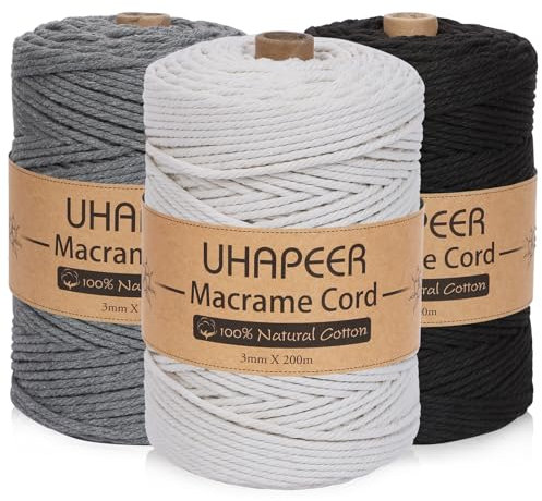 UHAPEER Cordoncino in cotone macramè da 200 m x 3 mm, 4 strati, 3 colori, per artigianato e decorazioni