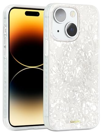 SCORPIFY für iPhone 14 hülle mit weißem Perlen Design [Kompatibel mit Magnetic], süße, transparente, magnetische Telefonabdeckung mit Perlmutt Muschel Muster für Frauen, Mädchen und Männer