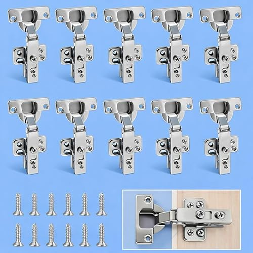 10 Pcs Heavy Duty 35mm Cabinet Hinges, Slide-on 110 Degree Full Overlay Self Closing Hinges for Kitchen Cabinets, Bathroom, Wardrobe, Cupboard, Folding Doors with Screws