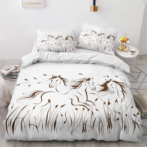 Housse de Couette 160x200 Cheval - Decoration Cheval, Parure de Lit 1 Personne Imprimée Cheval Courant, Linge de Lit en Microfibre Douce avec Fermeture éclair, 1 Taie d'oreiller 65x65 cm W#&195