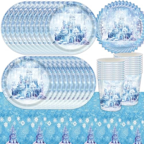 61 Pcs Freeze Castle Party Tableware Set, Princess Party Decorations Supplies, Snowflake Decoration, Blue Castle Tableware Includes Paper Plates, Cups, Tissue Tablecloths (20 Guests)
