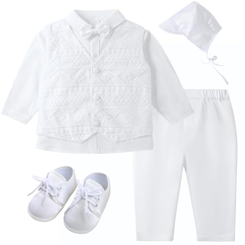 Booulfi Baby Clothes 6-9 Months Boys White Newborn Photoshoot Outfits 6 Pcs Shirt Pants Vest Bonnet Shoes and Detachable Bowtie Baptism Gifts for Boys