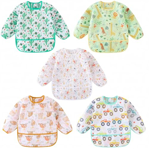 HaimoBurg Long Sleeved Bibs, Pack of 5,Lightweight Waterproof Shirt Bibs for Baby Toddler 6-30 Months