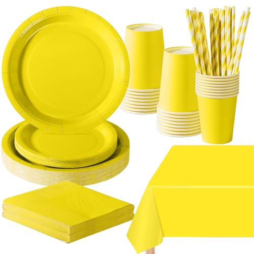 PYAILI 121 Pcs Yellow Party Tableware Set | Paper Plates Cups Napkins Tablecloth, Dinnerware Set for Kids Adult Birthday,Wedding,Baby Shower Party Tableware