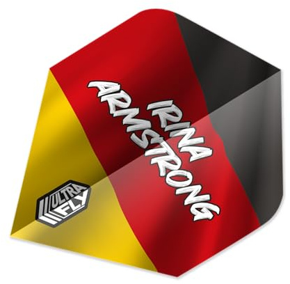Unicorn Dart-Flights Ultrafly | Irina 'Ice Baby' Armstrong | Schwarz Rot & Gold Deutsche Flagge mit Spielername | Standard Plus Form | strapazierfähiges 100 Mikron Polyester PET | 3er Set