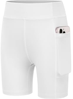 Arshiner Pantalones Cortos Deportivos para Niñas Color Blanco para Ciclismo Transpirables de Cintura Alta Y con Bolsillo Talla 130/7-8 Años
