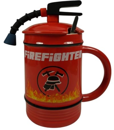 Feuerwehr Tasse mit Deckel und Löffel | Keramik-Kaffeebecher im Feuerlöscher-Design – Geschenk für Feuerwehrmann, ca. 12 x 7,5 x 16,5 cm