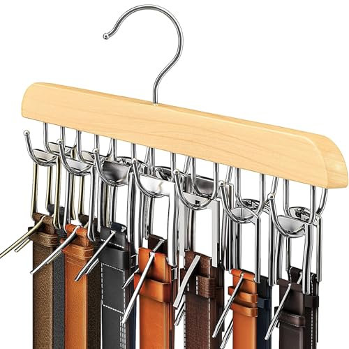 Gürtelhalter Kleiderschrank,1 Stück Holzgürtelhalter mit 14 Metallhaken,Drehbarer Krawattenbügel Platzsparend Gürtel Lagerung Veranstalter Krawattenbügel Holz für Schals,Krawatten,Gürtel,Hosenträger