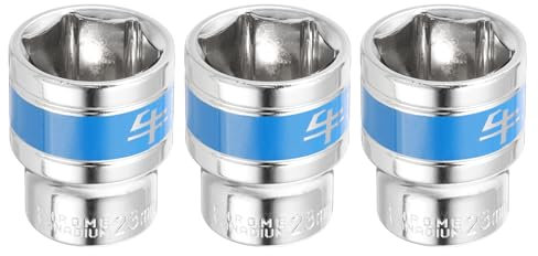 QUARKZMAN 3 Enchufe de Impacto de 1/2 y 6 Puntas, Métricos de 23 mm, Poco Profundo, Llave de Vaso Eléctrica de Vaso Poco Profundo para Reparación Mecánica de Automóviles, Plateado y Azul