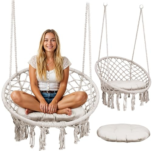 Sofotel Hängesessel Boho zum Aufhängen bis 150 kg Hängesitz Indoor Outdoor für Kinder und Erwachsene Beige