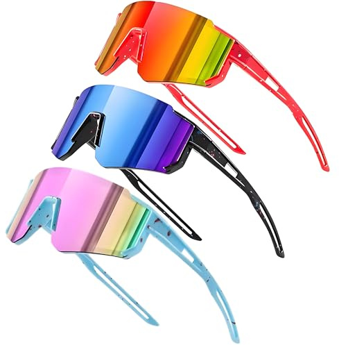 Fahrradbrille Kinder, 3 Stück Sportbrille Kinder UV400-Schutz Polarisierte Fahrradbrille Winddicht für Jungen Mädchen Outdooraktivitäten Radfahren Fahren Laufen Golf Laufbrille (Blau +Schwarz+Rot)