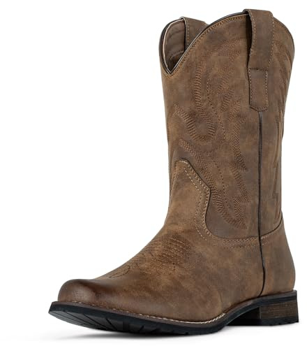 J's.o.l.e Bottes de cowboy à bout rond pour homme - Bottes de travail occidentales à enfiler - Résistantes au silp, marron, 42 2/3 EU