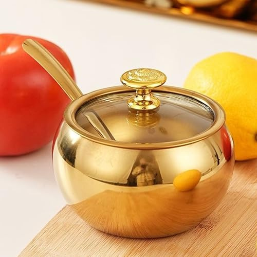 MINGZE Azucarero de 300 ml, Acero inoxidable dorado, con Tapa y Cuchara Transparentes, para el hogar y la cocina, y Cuchara para casa y Cocina
