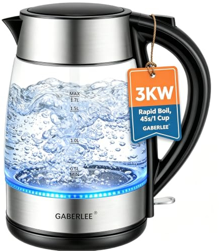 GABERLEE Electric Kettle, 1.7L 3000W Fast Boil Cordless Glass Kettle, Black | Blue LED, One-Touch Lid, Removable Anti-Scale Filter, Auto Shut-Off, Easy Clean, Stainless Steel Accents, BPA-Free Kettle
