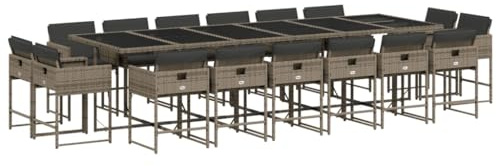 vidaXL Garten Essgruppe 17-TLG., Gartenmöbel Set Tisch mit 16 Stühle, Gartengarnitur mit Kissen, Sitzgruppe Essgarnitur Terrasse, Grau Poly Rattan