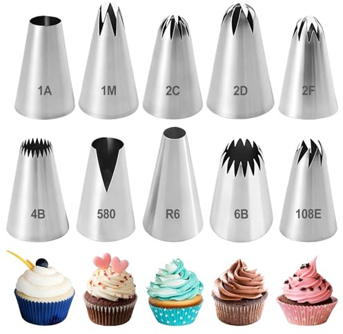 10 Piezas Boquillas Decorativas, Boquillas Pasteleras Profesionales Grandes, Boquilla para Manga Pastelera de Acero Inoxidable Reutilizables, Puntas de Decoración de Pasteles, para Cupcakes, Galletas