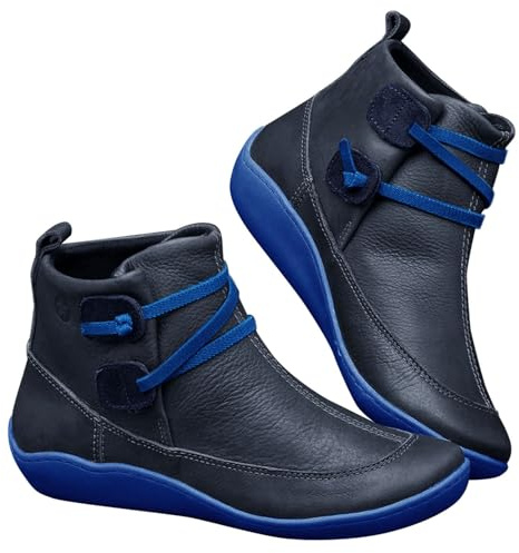 Generisch Bottines à lacets pour femme - Noir - Plates - Couleur unie - Antidérapantes - Avec soutien de la voûte plantaire - Bottes à tige large - Bottes courtes, bleu, 41 EU