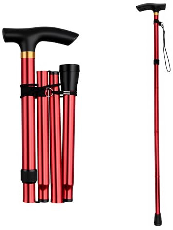 Höjdjusterbar promenadkäpp i 5 steg, lätt bärbar, vikbar promenadkäpp för kvinnor och män, 85–95 cm, höjdjusterbar krycka, promenadkäpp i aluminium, justerbar promenadkäpp (svart) (röd)