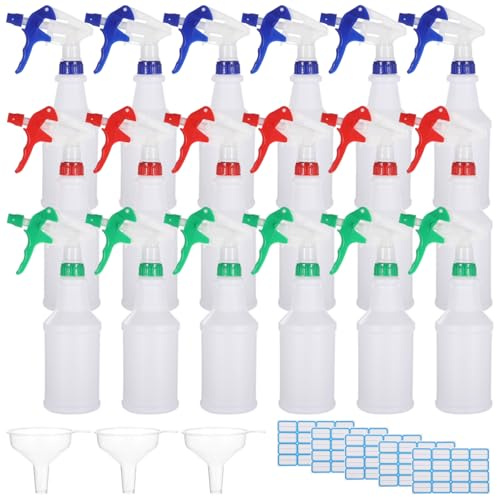 Calolin 18 PCS 500ml Plastic Spray Bottles with 3 Funnels and 5 Stickers, PE Cleaning Gardening Spray Bottles with Adjustable Nozzles Red, Green, Blue