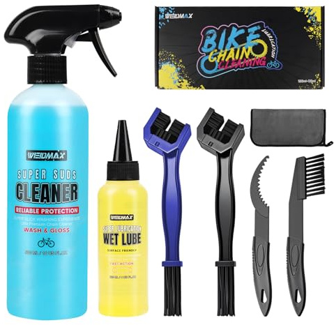 Cykelrengöringsmedel, cykelrengöringssats innehåller 500 ml rengöringsspray, 120 ml kedjeslipmedel, 4 borstar och 1 handduk, cykelkedjerengörare för MTB, vägcykelunderhåll