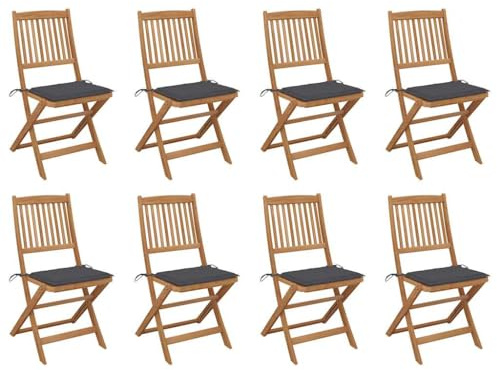 Mokuyary Fällbara trädgårdsstolar med kuddar, set om 8, massivt trä, akacia balkongstol, terrassstolar, matstolar för terrass, trädgård, balkong – E