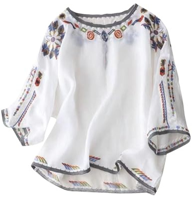 Embroidered Cotton Linen Blouses for Women UK 3/4 Sleeve Shirts Crewneck Shirt Vintage Embroidery Tunic Tops Lightweight Breathable Loose Fit Blouse Casual Loose Office Work Tee Shirt White