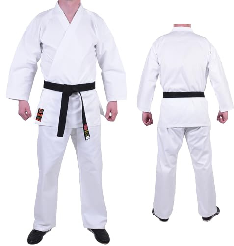 QMA | Traditional White Karate Gi Uniform for Adults & Kids | Lightweight 7.5oz Poly-Cotton Martial Arts Training & Sparring Suit Elasticated Waist Trousers Free White Belt Size 200cm