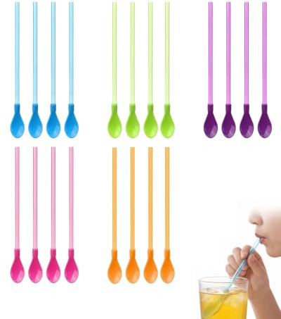 KRVNTH Cuillères à Paille 2 en 1, 20 Pcs Paille Réutilisable Plastique, Paille Pour Granité, Conçue Pour Smoothies Épais & Cocktails, Grip Antidérapant (Mix Violet/Orange/Bleu/Rouge/Vert)