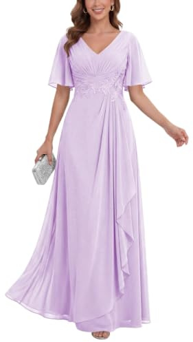 KIYNE Vestido de gasa para mujer con mangas y apliques de encaje, vestido formal para invitada de boda, Lila, 34