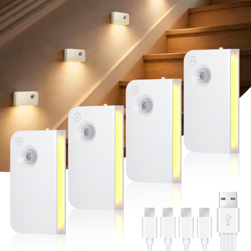 Yme LED Nachtlicht mit Bewegungsmelder Innen Aufladbar 4er Set | 1500mAh 3 Modi & 3 Farbtemperaturen, Dimmbar, 4-in-1 USB-C Kabel Akku mit Batterie für Kinderzimmer Schlafzimmer Treppe