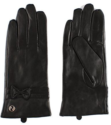 Nappaglo Damen Lammfell Leder Handschuhe Touchscreen Winter WarmHandschuhe mit DekorativenBownots (L (Umfang der Handfläche:19.0-20.3cm), Schwarz(Non-Touchscreen))