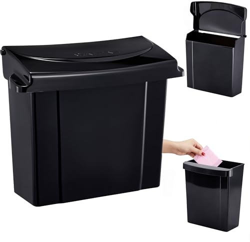 Alpine Sanitary Napkin Receptacle - Feminine Hygiene Disposal Container, Wall Mounted Trash Can with Odor Control Seal & Installation Hardware (Black)