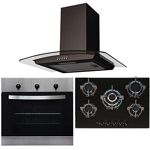 SIA Stainless Steel Single Oven, 70cm Black 5 Burner Gas Hob And Curved Hood Fan