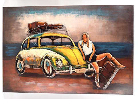 Vintage Line Handgefertigtes Metallbild 3D-Optik Wandbild Verschiedene Größen Kunst Bild (Metallbild Käfer Gelb (ca. 120x80 cm))