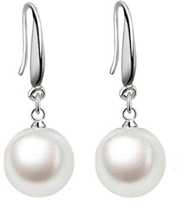 YAXUN 925 Sterling Silver Pearl Earrings For Women - 12mm Round White Pearl Dangle Drop Hook Earrings Fashion Jewellery Gifts For Ladies and Girls