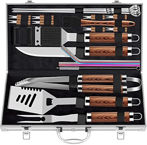 ROMANTICIST set di utensili per griglia in acciaio INOX extra spesso 25 pezzi kit di accessori per barbecue per giardino set regalo con spatola pinze in custodia in alluminio per compleanno marrone