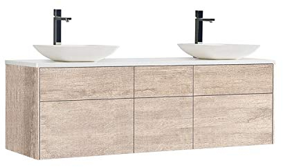 StoneArt Badmöbel Set Mineralguss Waschbecken Waschschale Aufsatzwaschbecken und Unterschrank Waschtisch Einzel- oder Doppelwaschbecken Venice VE-1610pro-2 Eiche hell 160cm