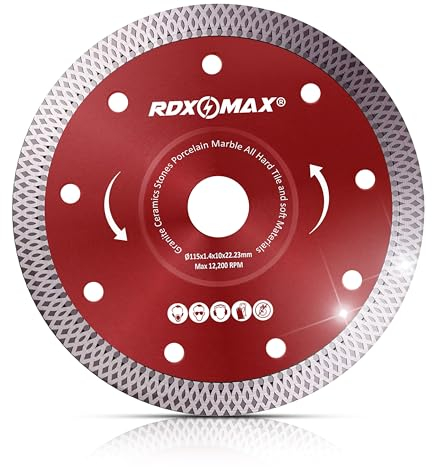 RDXMAX ® 115mm Diamond Cutting Discs for Angle Grinder - Super Thin Fast, Clean Cut on Porcelain, Granite, Marble, Concrete, Tiles, Stones, Bricks & Ceramics- 4.5 Wheel - Size 115 x 1.4 x 22.23mm