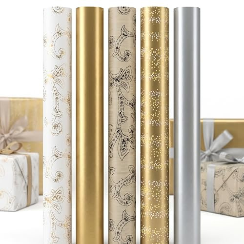 Geschenkpapier Set Gold Premium – 5 Rollen Geschenkpapier 70 cm x 2 m – Elegante Designs für Geburtstag, Hochzeit & besondere Anlässe – Knickfrei auf Rolle – Edles Geschenkpapier