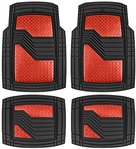 Cat® DiamondShield™ Rubber Floor Mats for Cars Trucks SUV, All Weather Protection, Front and Rear Car Mats with Heel Pad & Anti-Slip Backing, Universal Trim-to-Fit Rubber Floor Mats for Car, Red
