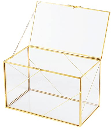 Vellon Dekorative Vintage-Schmuckschatulle aus goldfarbenem Glas mit Deckel, transparente Kosmetik-Aufbewahrung/Schmuckschatulle, Retro-Karten-Box für Empfang, Tafelaufsatz für Heimdekoration