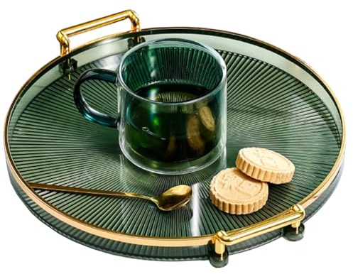 Vassoio decorativo rotondo da 10,6 con maniglie, comò moderno e vassoio da portata ottomano, tavolino da caffè, cucina e bagno per caffè, colazione, cibo e bevande (dark green)