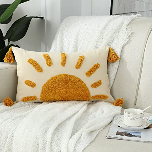 Labilin Boho Cushion Covers Decorative Throw Pillow Covers 12x20, Woven Tufted Sun Lumbar Pillow Covers with Tassels Modern Abstract Pillowcase for Sofa Bedroom Living Room Home Decor, Yellow