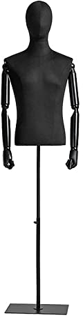 YGWXYYZJ Schneiderpuppe, Männliche Schaufensterpuppe, Leinenbezug Stoffbezogenen Oberkörper Und Kopf Mit Flexiblem Arm Und Basis Aus Gusseisen Für Herrenbekleidung (Schwarz,Quadratischer Sockel)