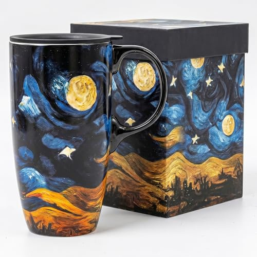 Topadorn 17oz Ceramic Travel Mug with Lid, Starry Night | Microwave & Dishwasher Safe, Cup Holder Friendly, Large Coffee Tea Cup with Handle, Commute Office Home Use, Gift-Ready Box