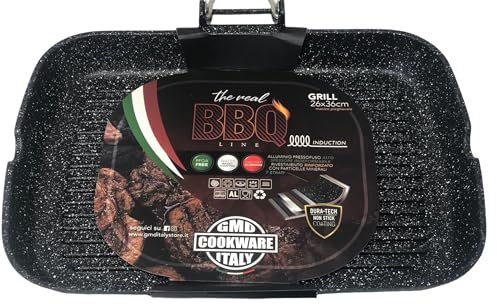 GMD COOKWARE ITALY The Real BBQ Line BISTECCHIERA Grill Rettangolare INDUZIONE Manico Pieghevole in Legno CM.36X26 Piastra per Cucinare sui Fornelli
